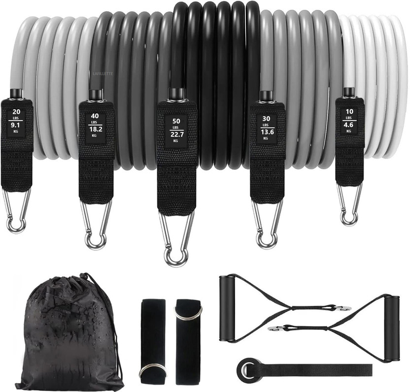 LAFILLETTE Resistance Set 5 Exercise Bands With Handles Door Anchor Fitness Resistance Tube(Grey & Black)