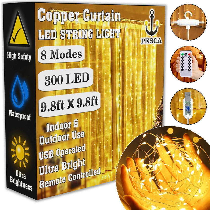 PESCA 300 LEDs 3.66 m Yellow Flickering, Steady String Rice Lights(Pack of 1)