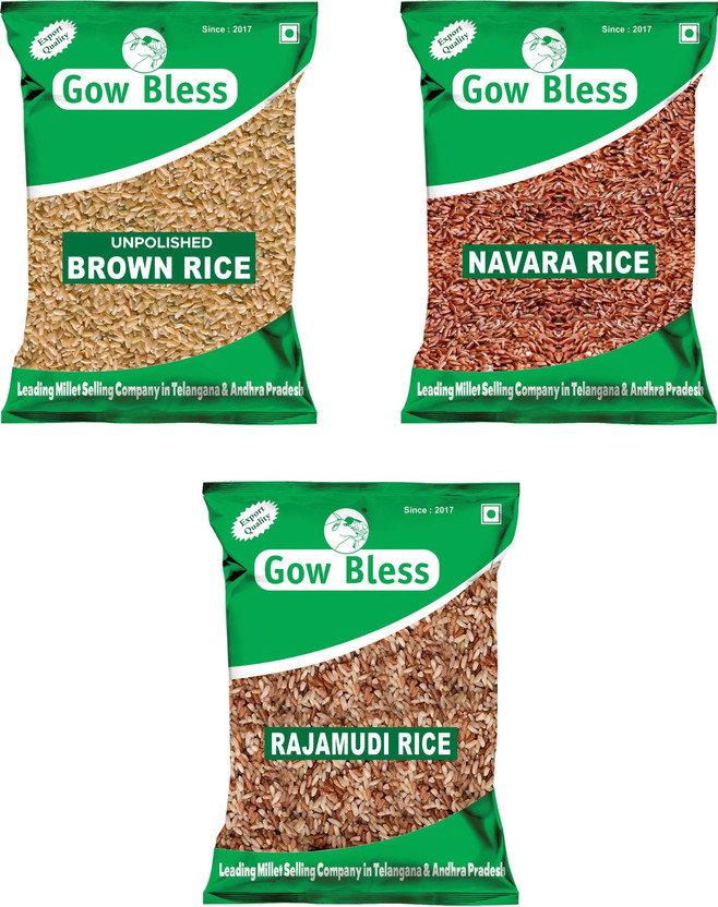 Gow Bless Royal Rice Combo (Brown Rice, Rajamudi & Navara Rice) – 1kg Each Brown Rice (Medium Grain, Unpolished)(3 kg)