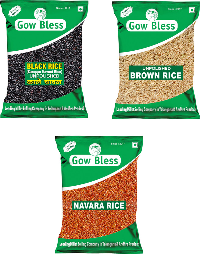 Gow Bless Immunity Rice Combo (Black Rice, Brown Rice & Navara Rice) – 1kg Each Brown Rice (Medium Grain, Unpolished)(3 kg)
