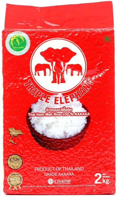 Triple Elephant Thai Hom Mali Jasmine Rice Grade AAAAAA Vacuum Packed Jasmine Rice (Full Grain, Raw)(2 kg)