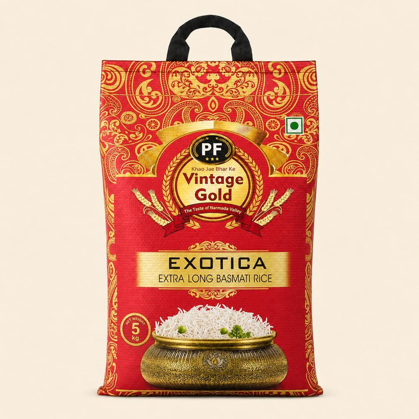 Vintage Vintage Gold Exotica Basmati Rice 5kg Extra Long Wand Grains Cooked Grain Upto 16.5MM* Basmati Rice (Long Grain, Raw)(5 kg) - Flipkart Deal