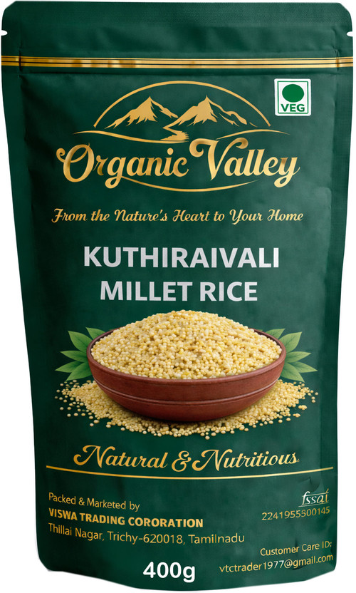 Organic Valley Kuthiraivali Millet Rice Boiled (Traditional Rice ) (400g) Joha Rice (Full Grain, Steam)(0.4 kg)