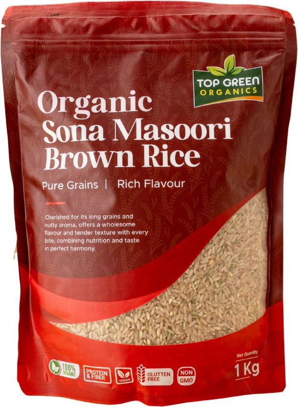 Top Green Organics Organic Brown Sona Masoori Rice (Medium Grain, Unpolished)(1 kg)