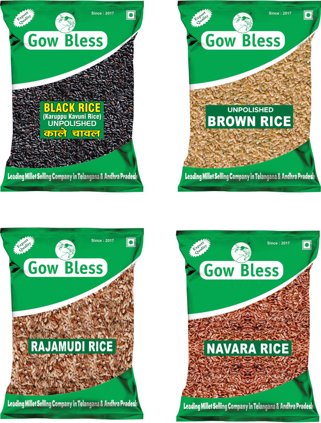 Gow Bless Rice Combo (Black Rice, Brown Rice, Navara Rice, Rajamudi Rice) – 4kg (1kg Each) Black Everyday Rice (Medium Grain, Unpolished)(4 kg)