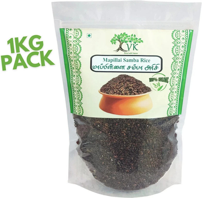 VK Stores Organic Black Mapillai Samba Rice Long Grain and Unpolished Red Raw Rice (Full Grain, Raw)(1 kg)