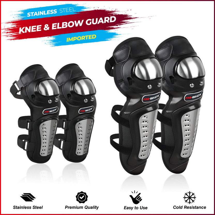 BRXR Knee Elbow Guard Bikers & Riders Stainless Steel with Cushioning Pads Knee Guard, Elbow Guard Free Black, Silver(Pack of 4)