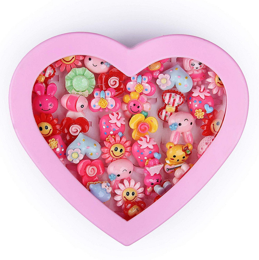 SillyMe Kids Girls Cartoon Pretend Play Toy Fancy 36 finger rings for birthday gifts comes in pink heart shape box . Plastic Ring