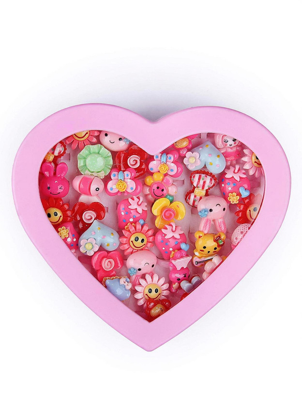 SillyMe Kids Girls Cartoon Pretend Play Toy Fancy 36 finger rings for birthday gifts comes in pink heart shape box . Plastic Ring