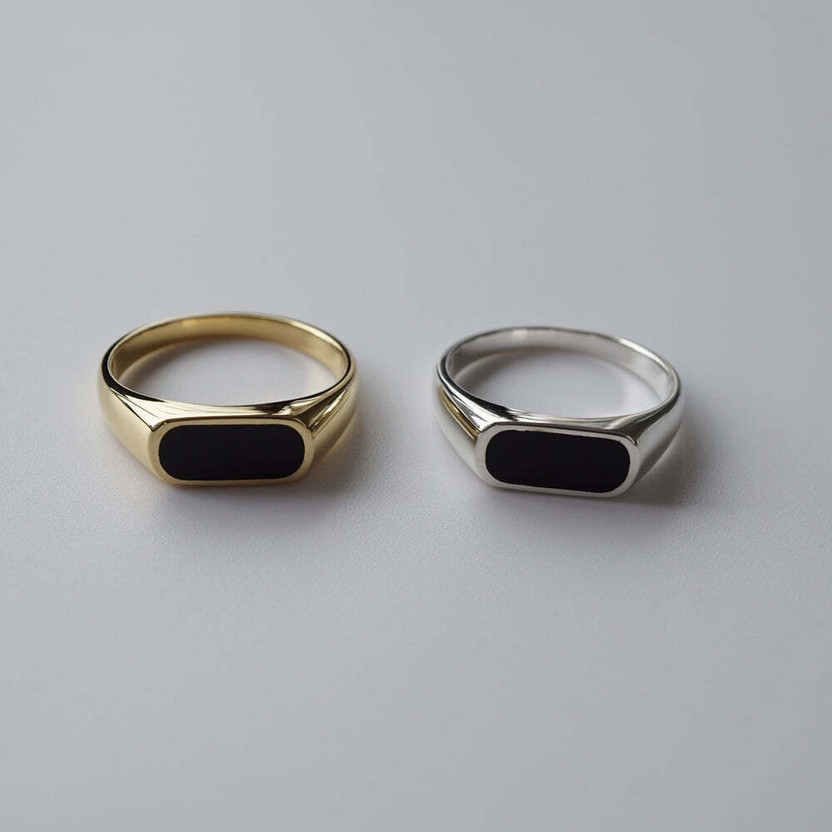 house of common Alloy Onyx Sterling Silver, Gold Plated Ring Set