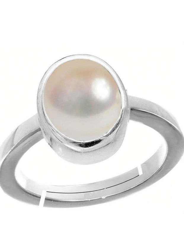 EVERYTHING GEMS Certified Pearl Stone/Moti 5.25 Ratti 4.40 Carat Natural Round Shape Silver Ring Brass Pearl Silver Plated Ring