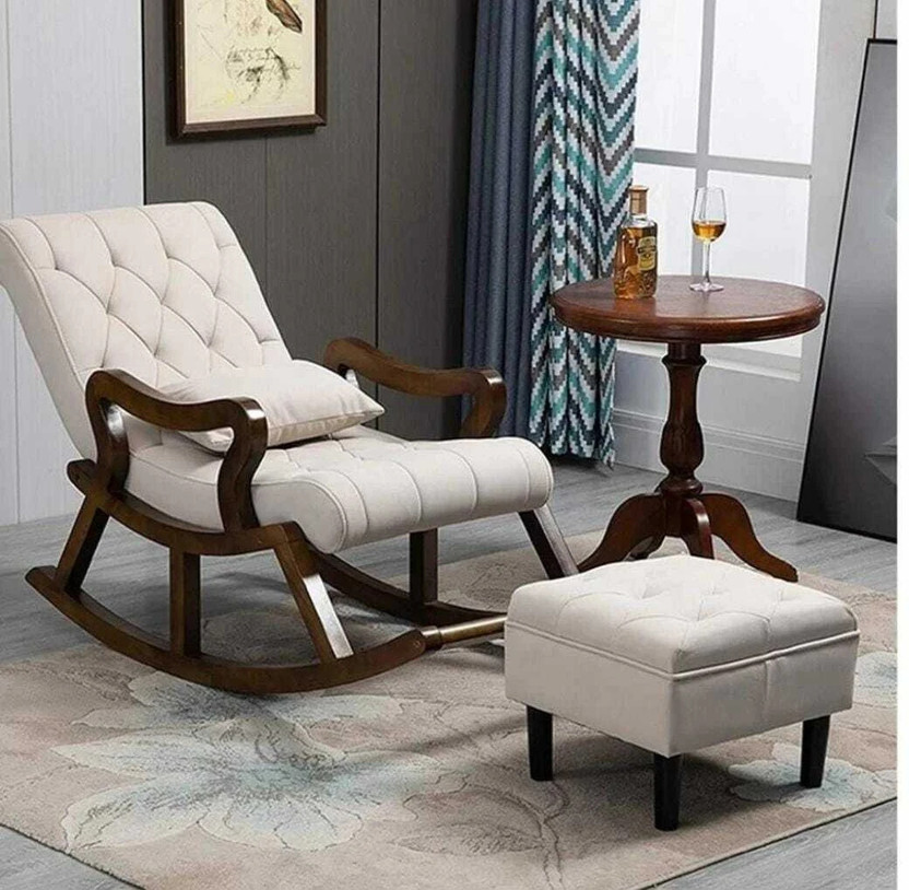 wooden luxury y Rocker Rocking Chair with footrest Recliner Relaxing mango wood Rocking Chairs Fabric 1 Seater Rocking Chairs(Finish Color - brown, Pre-assembled)
