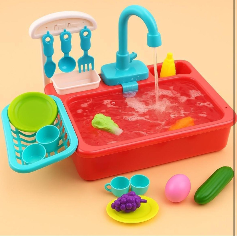 TMT STORE Electric Kitchen Sink Toy with Running Water, Dish rack and Accessories