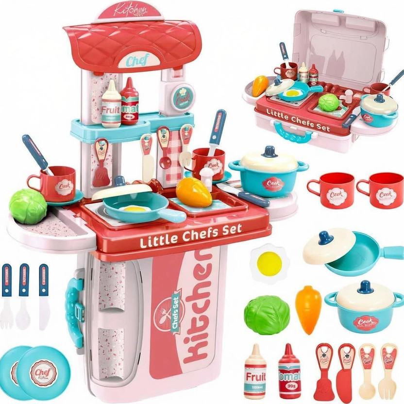 J K INTERNATIONAL 3 in 1 Kitchen Suitcase for Kids Mini Play Set Portable Cooking Toys for Girls