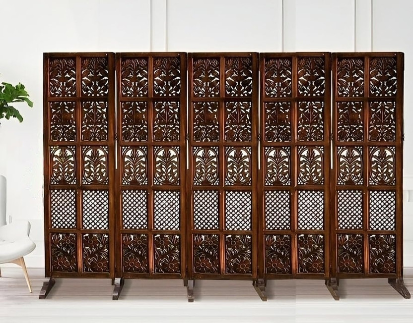 Decorhand Decorhand Handcrafted 5 Panel Wooden MDF Room Divider Screen With Stand Solid Wood Decorative Screen Partition(Free Standing, Finish Color - Brown, 5, Pre-assembled) - Flipkart Deal