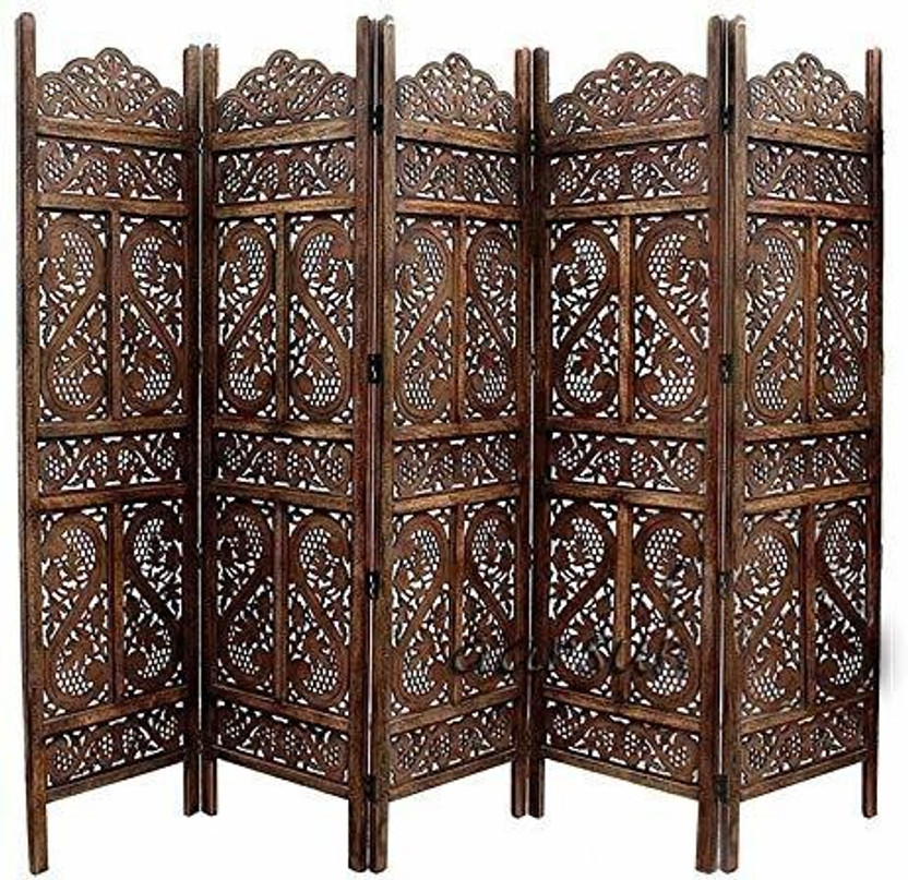 Decorhand Handcrafted 5 Panel Wooden MDF Room Partition & Room Divider (Brown) Solid Wood Decorative Screen Partition(Floor Standing, Finish Color - Brown, 5, Pre-assembled)