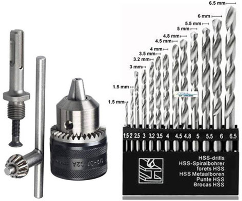 Kshivi Drill Bits DCB:01 13 pcs of Hss Drill Bit set for drilling wood, steel, plastic And 13mm Drill Chuck With SDS Adaptor Key Set Female 1/2" 20 Unf