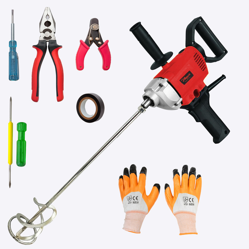 Hillgrove HGCM1424M1 1100W 100% Copper Paint Wall Putty Cement Mixer Mixing Machine HGCM1424M1 Grinder Machine with Rod and 5Pcs Essential Hand Tools Rotary Tool(14 mm)