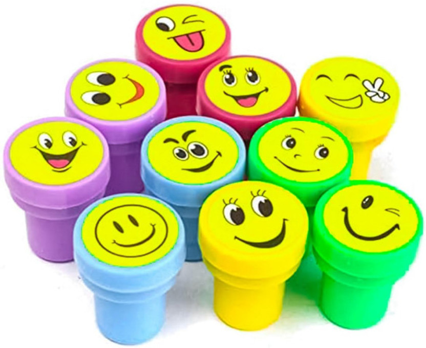Ink spot Emoji Pack of 10 Stamp with Smile Design Face Stamps Toys for Kids Stamps Rubber stamps(Small, Red)