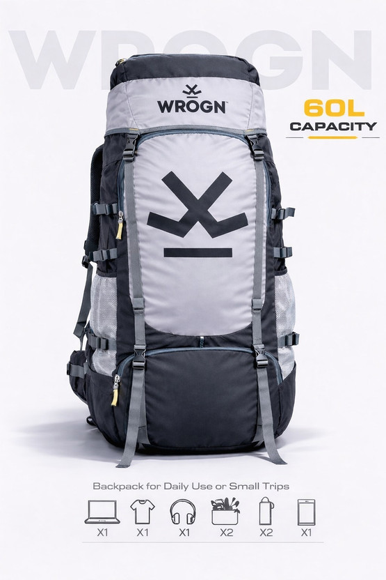 WROGN GTIER TREKKING WITH SHOES COMPARTMENT DURABLE RAINCOVER Rucksack  - 65 L(Black, Grey)
