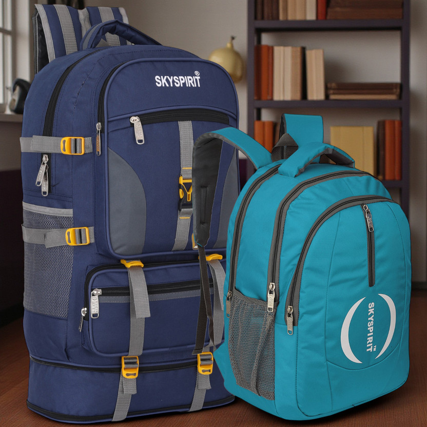 sky spirit Premium Hiking Rucksack & Travel Backpack Combo | Heavy-Duty Outdoor Gear Rucksack  - 70 L(Blue, Green)