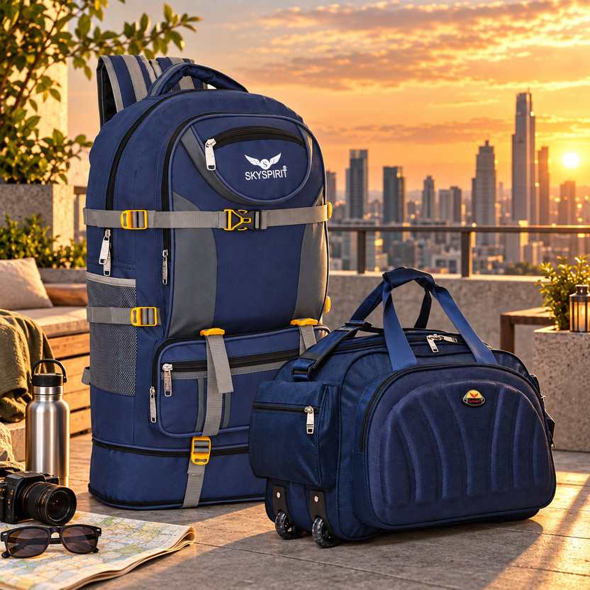 sky spirit Weekend Away Rucksack & Duffle Bag Combo for Travel, Trekking & Camping Rucksack  - 115 L(Blue)