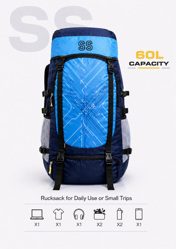 STYLE STYLE SALVY Trekking Hiking Camping Travel Bag | Large Capacity Adventure Weekend Trip Bag Rucksack  - 60 L(Blue) - Flipkart Deal