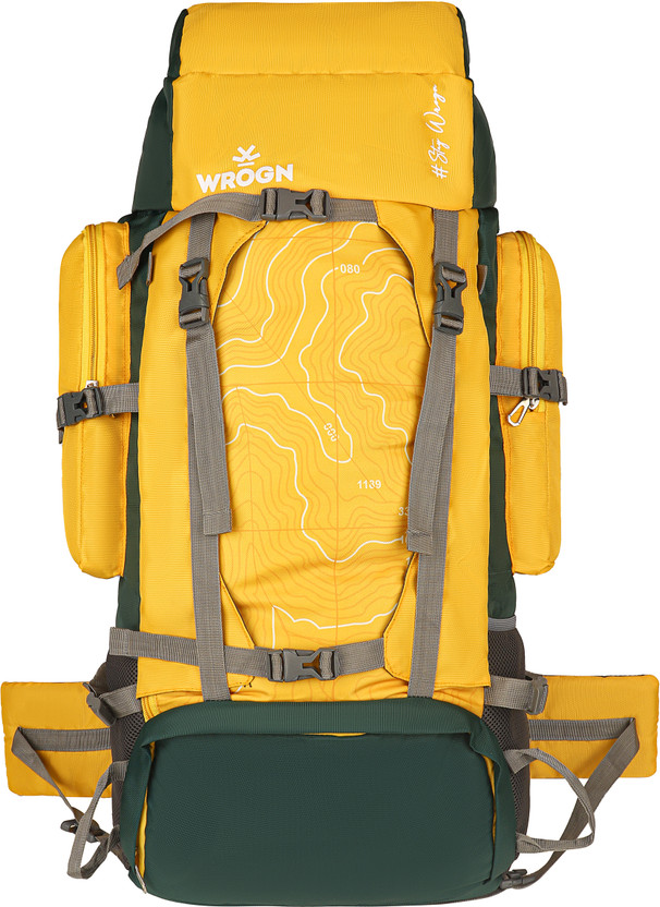 WROGN Trekking Rucksack Water Resistant Hiking Backpack TopographicPrint Padded Straps Rucksack  - 75 L(Yellow)