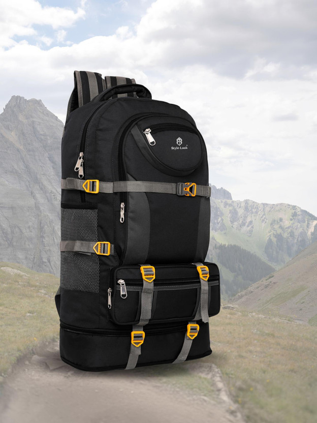 Style Style look Dual Compartment Rucksack with Quick Access Front Pocket & Water Bottle Mesh Rucksack  - 60 L(Black) - Flipkart Deal