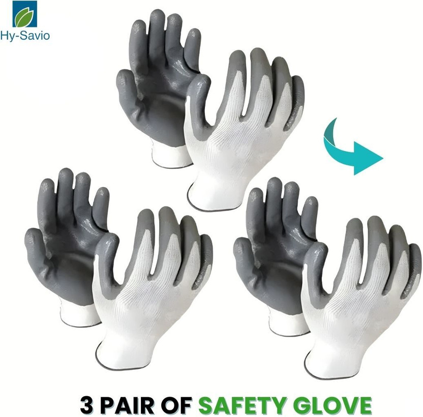 Hy-savio 3Pair PU Coated Nylon Safety Gloves | White Grey Reusable Work Hand Protection Nylon  Safety Gloves(Pack of 6)