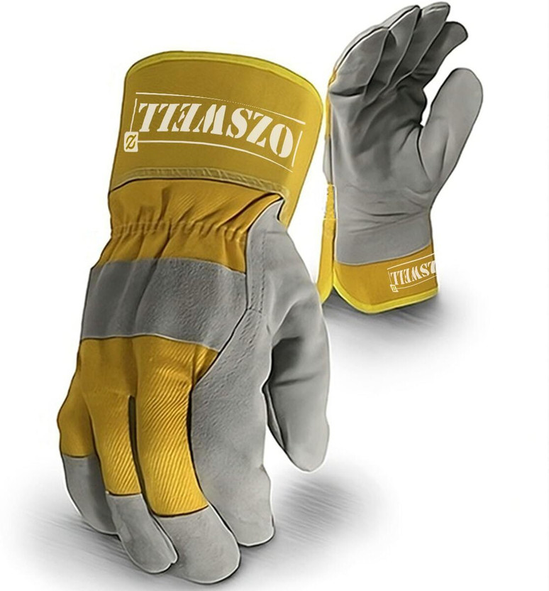 Ozswell Rigger Yellow White Gloves Heat Cut Wear Tear Resistant Machines Welding Leather  Safety Gloves(Pack of 1)