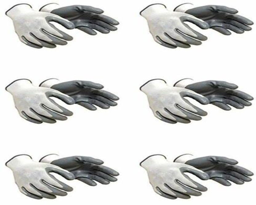 Aatrangi Grey White Reusable Washable Cut Resistance Nylon Safety Hand Gloves Nitrile  Safety Gloves(Pack of 12)