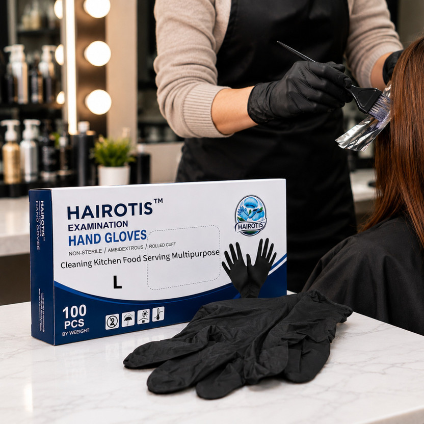 hairotis Disposable Powder Latex Free Cleaning Salon Hospital Kitchen Black Examination Nitrile  Safety Gloves(Pack of 100)