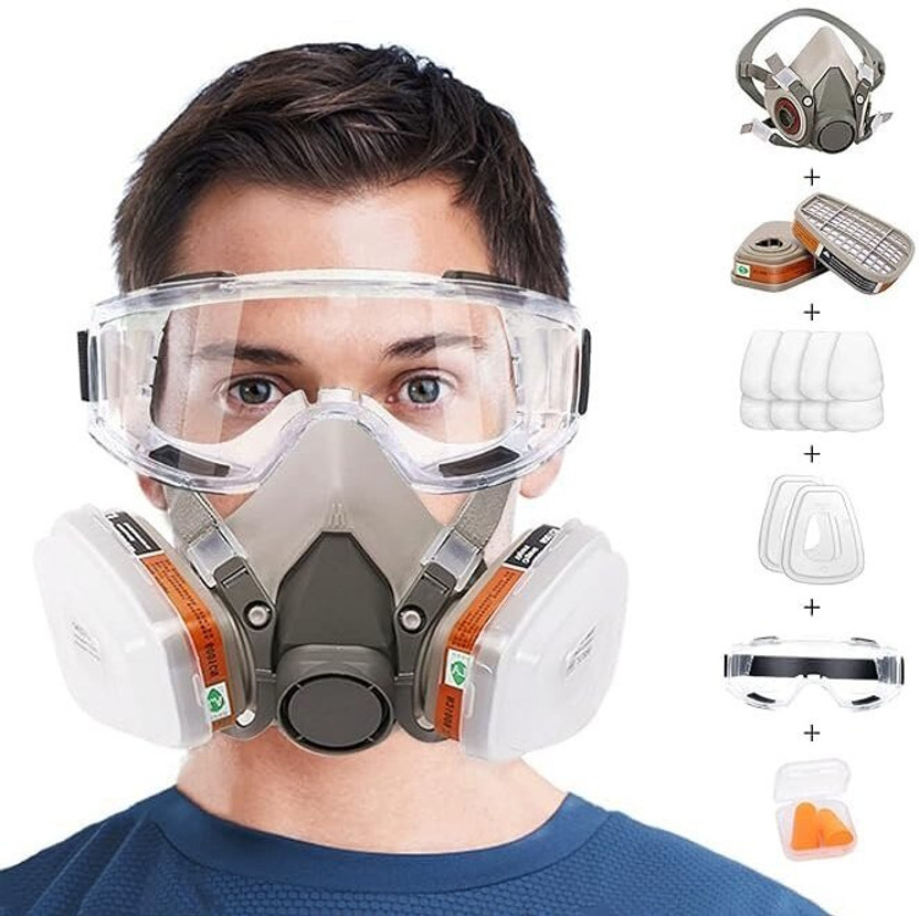 ARJ Half Face Reusable Respirator Gas Mask with Safety Glasses & Filters Filters for Painting, chemical, Polishing,and Other Work Protection Laboratory, Welding, Wood-working  Safety Goggle(Free-size)