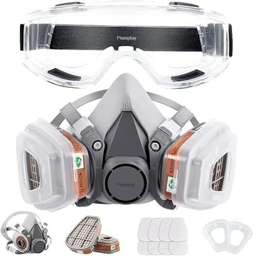 Pixieplay Gas Mask Set Respirator with Filters and Goggle Activated Carbon Mask Gas Mask P mask for dust protection Blowtorch, Laboratory, Power Tool, Welding, Wood-working  Safety Goggle(Free-size)