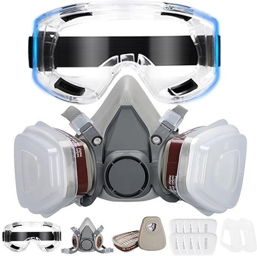 Zibali Gas Mask Reusable Respirator With Filters (1 SET -HALLMARK EP 034+ Gas Mask) For Painting, Woodworking, Spraying 1PCS Laboratory  Safety Goggle(Free-size)