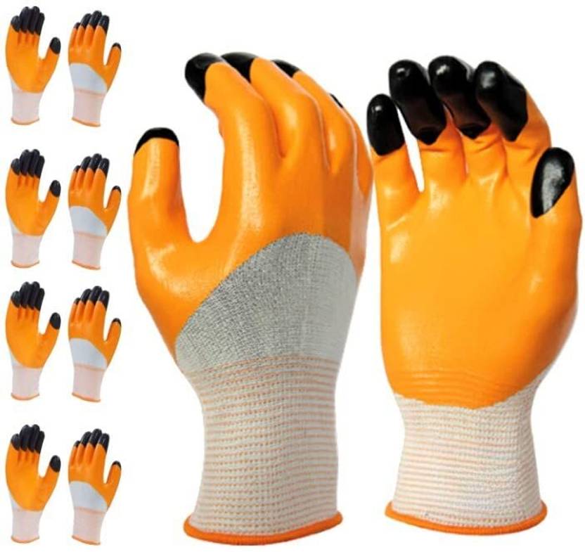 SAMBHAW Orange Black Tiger Print Latex Nitrile Palm Coated Safety Hand Gloves 5 Pair Wood-working, Blowtorch, Laboratory, Power Tool  Safety Goggle (L