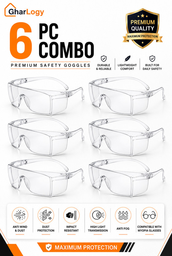 GharLogy Transparent Safety Goggles Combo 6 Pcs Unisex | UV Protection Anti Dust Scratch Resistant Glasses for Cycling etc.(Pack of 6) Blowtorch, Laboratory, Power Tool, Welding, Wood-working  Safety Goggle(Free-size)