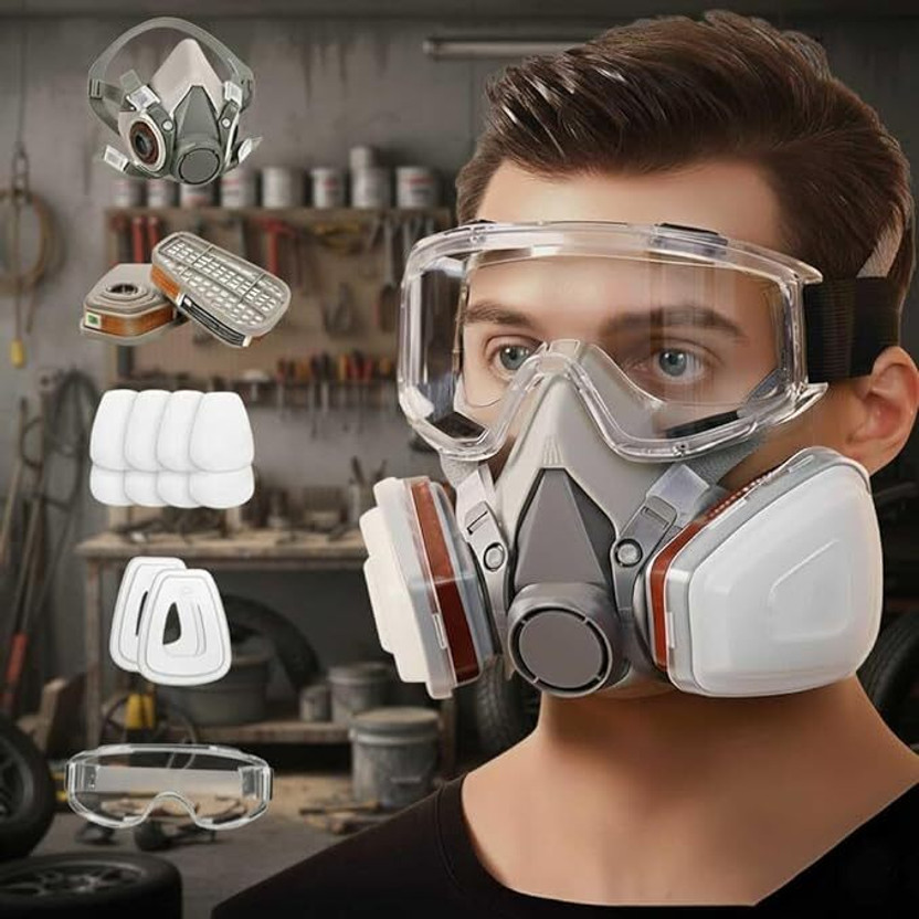 Rywell Gas Mask Reusable Respirator With Filters Gas Mask For Painting, Woodworking, Construction, Sanding, Spraying, Chemicals Laboratory  Safety Goggle(Free-size)
