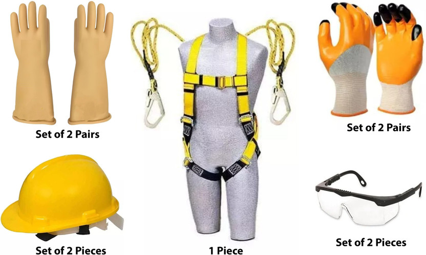 Exotic Arcade Set of 9-1 Full Body Harness(Double Hook), 2 Electric Proof Gloves 11KV, 2 Safety Helmet, 2 Safety Gloves and 2 Safety Glasses|| Used for Petrol Pumps, Blowtorch, Laboratory, Power Tool, Welding, Wood-working  Safety Goggle(Free-size)
