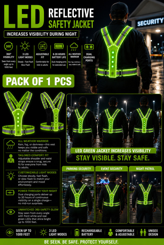 Pentagon LED Safety Reflective Jacket High Visibility Rechargeable LED Safety Vest-1 PCS Safety Jacket(GREEN)