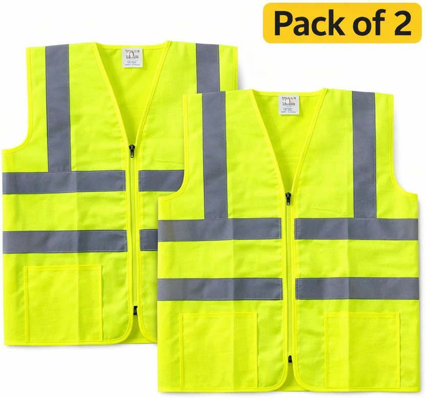 Visione Arc High Visibility Reflective Safety Vest with Zipper & 2 Pockets|Pack of 2 Safety Jacket(Neon Green)