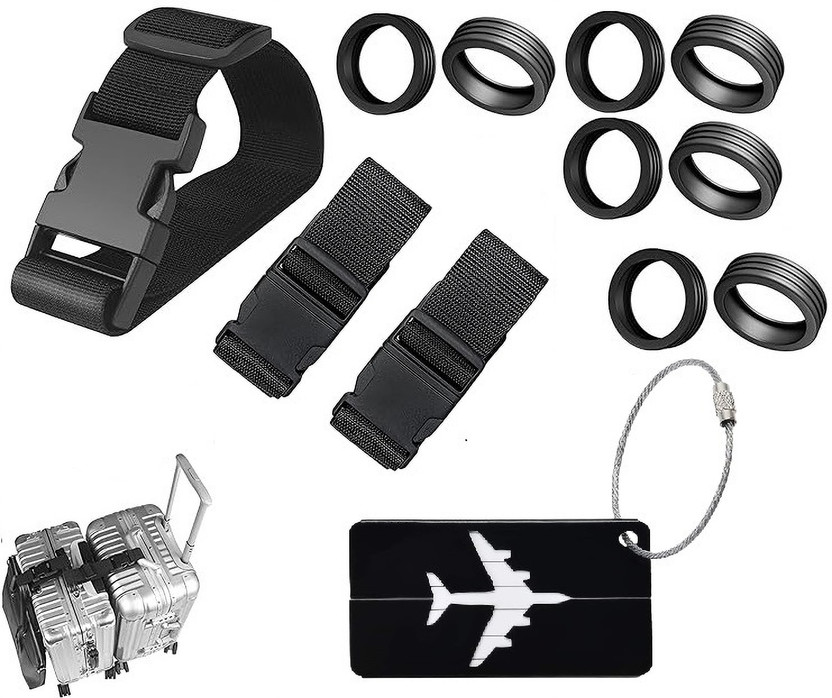 NIRMATSARAY 1 Adjustable Buckle ADDA Belt,2 Luggage strap, 8 Luggage Wheel Cover,1 metal tag Luggage Strap, Luggage Tag(Black)