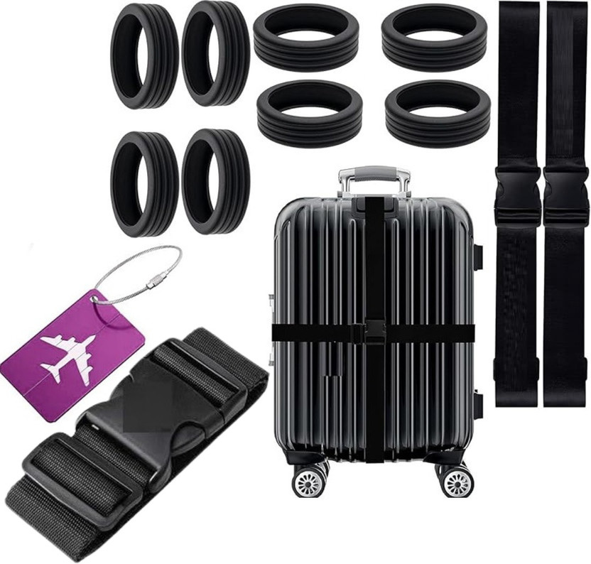 TAPAHPRIYAY 1pcs Add A belt 1pcs Metal Tags 2pcs Luggage Straps 8pcs silicone wheel cover Luggage Strap, Luggage Tag(Black)
