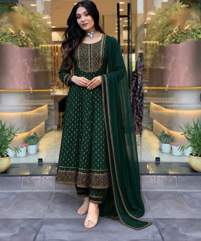 Queens Fab Embroidered Anarkali Kurta, Bottom & Dupatta Set