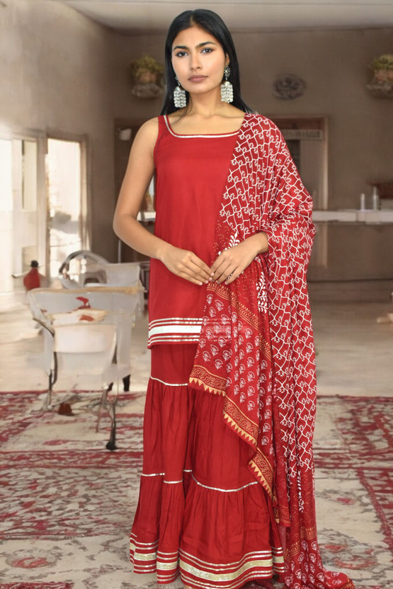 JAIPUR HAND BLOCK Striped Kurta, Sharara & Dupatta Set