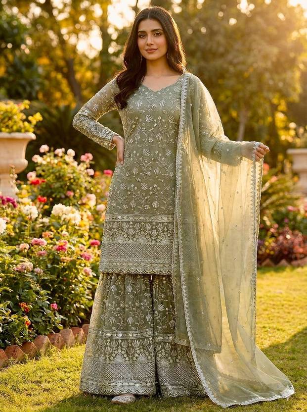 SHRAD Embroidered Kurta, Palazzo & Dupatta Set