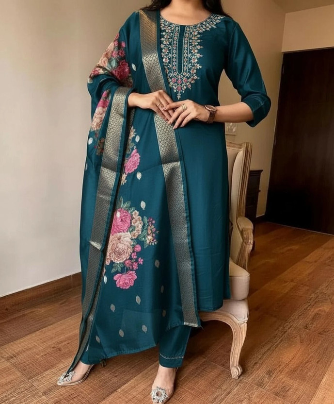 DharaCretionn Embroidered Kurta, Churidar & Dupatta Set