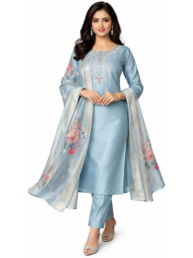 waylooks Embroidered, Floral Print Kurta, Palazzo & Dupatta Set