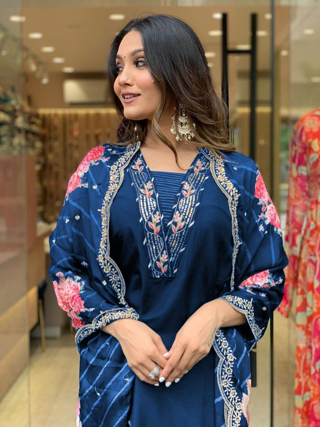 DHARM CREATIONS Embroidered Kurta, Trouser/Pant & Dupatta Set